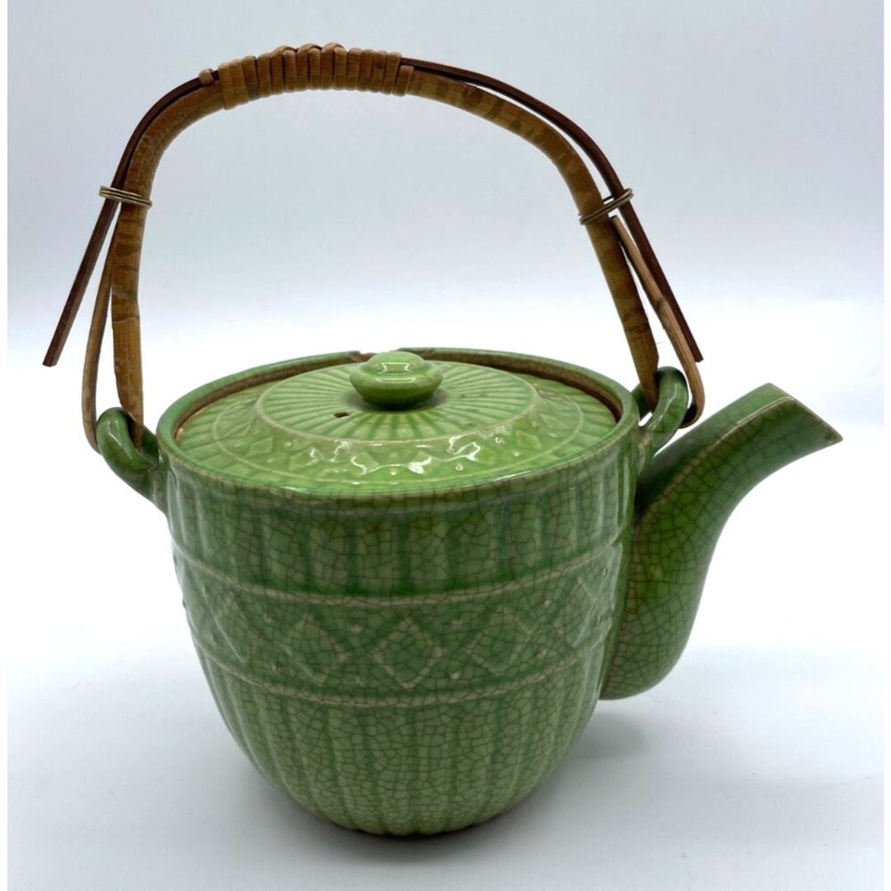 Handmade Japanese Green Majolica Ceramic Tea Pot with Bamboo Handle Vintage